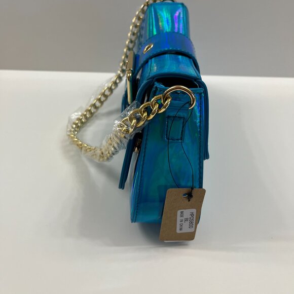 Iridescent Metallic Shiny Aqua Blue - Gold Buckle Crossbody / Chain Straps - NWT - Picture 8 of 10